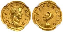 Roman Imperial Coinage Carus, AD 282-283. Gold Aureus (4.42g). Struck at Lugdunum end AD 284. DIVO CARO PIO. Laureate head of Caro right. Reverse: CONSECRATIO, Eagle with spread wings standing r. on g