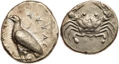 Ancient Coins Sicily, Akragas. Silver Didrachm (8.78 g), ca. 510-500 BC. AKPAC-[ANTOΣ], sea eagle standing left. Reverse: Crab. Jenkins grp. Ia, 2; HGC 2, 87. Untoned. Choice Very Fine. Estimate Value