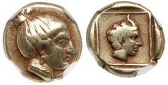 Ancient Coins Lesbos, Mytilene. Electrum Hekte (2.56 g), ca. 412-378 BC. Head of nymph right, hair tied in topknot. Reverse: Horned head of Pan right within linear square. Bodenstedt 69; HGC 6, 995. N