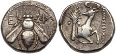 Ancient Coins Ionia, Ephesos. Silver Tetradrachm (15.03 g), ca. 370-360 BC. Mnesiphilos, magistrate. E-Φ, bee. Reverse: Forepart of stag right, head turned to look back; in left field, palm tree; in r