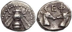 Ancient Coins Ionia, Ephesos. Silver Diobol (1.14 g), ca. 390-325 BC. Bee with straight wings. Reverse: EΦ, two stags' heads confronted. SNG Kayhan 208-42. Choice Very Fine. Estimate Value $250 - 300