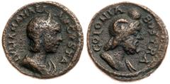 Ancient Coins Julia Mamaea. Æ (5.87 g), Augusta, AD 222-235. Bostra in Arabia Petraea. Diademed and draped bust of Julia Mamaea right. Reverse: Draped bust of Zeus-Sarapis right, wearing solar-disk. K