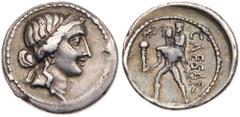 Ancient Coins Julius Caesar. Silver Denarius (3.83 g), 48-47 BC. Military mint traveling with Caesar in North Africa. Diademed head of Venus right. Reverse: CAESAR, Aeneas advancing left, holding pall