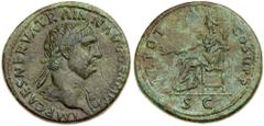 Ancient Coins Trajan. Æ Sestertius (25.26 g), AD 98-117. Rome, AD 98/9. IMP CAES NERVA TRAIAN AVG GERM P M, laureate bust of Trajan right, wearing aegis. Reverse: TR POT COS II P P, S C in exergue, Pa