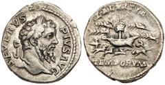 Ancient Coins Septimius Severus. Silver Denarius (3.31 g), AD 193-211. Rome, AD 202. SEVERVS PIVS AVG, laureate head of Septimius Severus right. Reverse: LAETITIA above, TEMPORVM in exergue, ship sail