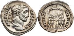 Ancient Coins Galerius. Silver Argenteus (2.97 g), as Caesar, AD 293-305. Rome, ca. AD 295-297. MAXIMIA-NVS CAES, laureate head of Galerius right. Reverse: VIRTVS MILITVM, the four tetrarchs sacrifici