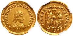 Ancient Coins Valentinian II. Gold Solidus (4.42 g), AD 375-392. Thessalonica, AD 379. D N VALENTINIANVS IVN P F AVG, diademed, draped and cuirassed bust of Valentinian II right. Reverse: VICTOR-IA AV