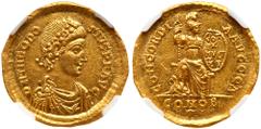 Ancient Coins Theodosius I. Gold Solidus (4.54 g), AD 379-395. Constantinople, AD 388-392. D N THEO-DOSIVS P F AVG, diademed, draped and cuirassed bust of Theodosius I right. Reverse: CONCORDI-A AVGGG