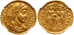 Ancient Coins Theodosius I. Gold Solidus (4.48 g), AD 379-395. Treveri, AD 379. D N THEODO-SIVS P F AVG, diademed, draped and cuirassed bust of Theodosius I right. Reverse: VICTOR-IA AVGG, Gratian and