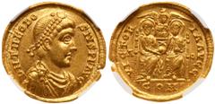 Ancient Coins Theodosius I. Gold Solidus (4.45 g), AD 379-395. Aquileia, AD 380-382. D N THEODO-SIVS P F AVG, diademed, draped and cuirassed bust of Theodosius I right. Reverse: VICTOR-IA AVGG, Gratia