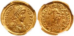Ancient Coins Honorius. Gold Solidus (4.37 g), AD 393-423. Mediolanum, AD 395-402. D N HONORI-VS P F AVG, diademed, draped and cuirassed bust of Honorius right. Reverse: VICTOR-IA AVGGG, emperor stand