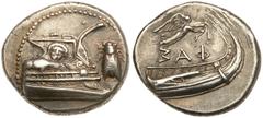 Ancient Coins Lycia, Phaselis. Silver Stater (10.40 g), 4th century BC. Prow of galley right, side decorated with facing gorgoneion; in right field, cicada. Reverse; ΦAΣ (retrograde), stern of galley 