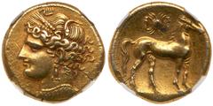 Ancient Coins Carthaginians in North Africa, Electrum Trihemistater, ca.255 -241 BC. (10.31 g). Head of Taint left, wearing barley-wreath, bar and triple pendant earring and necklace with pendants. Re