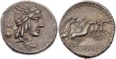 Ancient Coins L. Julius Bursio. Silver Denarius (4.22g), 85 BC. Rome. Laureate, winged and draped bust of male deity right, with attributes of Apollo, Mecury and Neptune; trident over shoulder, small 