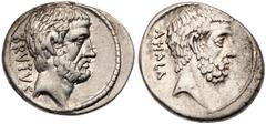 Ancient Coins Marcus Junius Brutus. Silver denarius (3.88g), 54 BC. Rome. BRVTVS, bare head of L. Junius Brutus (consul 509 BC) right. Reverse: AHALA, bare head of C. Servilius Ahala (master of horse,
