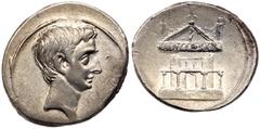 Ancient Coins Octavian, as Sole Imperator, Silver Denarius (3.69g), 30-29 BC. Southern or central Italian mint, c. 29-27 BC. Bare head of Octavian right. Reverse: Facade of the Curia Julia (Roman Sena