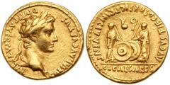 Ancient Coins Augustus. Gold Aureus (7.88g), 27 BC-AD 14. Lugdunum (Lyon), 2 BC-AD 4. CAESAR AVGVSTVS - DIVI F PATER PATRIAE, laureate head of Augustus right. Reverse: AVGVSTI F COS DESIG PRINC IVVENT