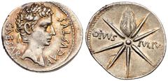 Ancient Coins Augustus, Silver Denarius (3.89g). 27 BC-AD 14. Spain, Caesaraugusta (?), 19-18 BC. CAESAR AVGVSTVS, head of Augustus right wearing oak wreath. Reverse: DIVVS IVLIVS, eight-rayed comet w