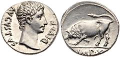 Ancient Coins Augustus, AR Denarius (3.86g), 27 BC-AD 14. Lugdunum, 15-13 BC. AVGVSTVS DIVI F, bare head of Augustus right. Reverse: Bull charging left, head lowered, IMP X in exergue. RIC 169. RSC 14