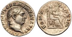 Ancient Coins Vitellius, Silver Denarius (3.30g). AD 69-69 AD. Rome, April-December AD 69. A VITELLIVS GERM IMP AVG TR P, laureate head of Vitellius right. Reverse: PONT MAXIM, Vesta seated right on t