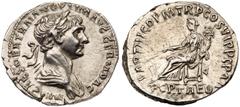 Ancient Coins Trajan, Silver Denarius (3.43g). AD 98-117. Rome, Autumn AD 116-August AD 117. IMP CAES NER TRAIAN OPTIM AVG GERM DAC, laureate and draped bust of Trajan right. Reverse: PARTHICO PM TR P