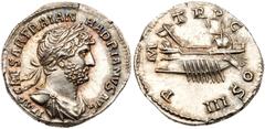Ancient Coins Hadrian, Silver Denarius (3.44g). AD 117-138. Rome, AD 119-122. IMP CAESAR TRAIAN HADRIANVS AVG, laureate and draped bustof Hadrian right. Reverse: P - M TR P C-OS III, Roman war galley 