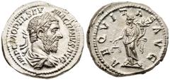 Ancient Coins Macrinus. Silver Denarius (3.52 g), AD 217-8. Rome, AD 218. IMP C M OPEL SEV MACRINVS AVG, laureate and draped bust of Macrinus right, seen from behind. Reverse: AEQVITAS AVG, Aequitas s