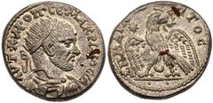 Ancient Coins Macrinus. BI Tetradrachm (12.90 g), AD 217-218. Carrhae in Mesopotamia. Radiate, draped and cuirassed bust of Macrinus right. Reverse: Eagle standing facing, head right, holding wreath i