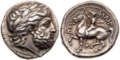 Macedonian Kingdom. Philip II. Silver Tetradrachm (14.14 g), 359-336 BC. Pella, lifetime issue, ca. 354/3-349/8 BC. Laureate head of Zeus right. Reverse: ΦIΛIΠ-ΠOY, king on horseback left, wearing kau
