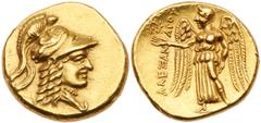 Macedonian Kingdom. Alexander III 'the Great'. Gold Stater (8.57 g), 336-323 BC. Tyre, lifetime issue, RY 25 of 'Ozmilk (325/4 BC). Head of Athena to right, wearing crested Corinthian helmet, the bowl