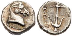 Seleukid Kingdom. Seleukos I Nikator. Silver Drachm (3.81 g), 312-281 BC. Uncertain mint 18, in Areia, Margiana, or Baktria. Horned and bridled horse's head right. Reverse: [BAΣIΛEΩΣ] ΣEΛEYKOY, anchor