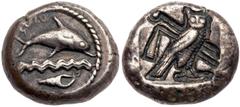 Phoenicia, Tyre. Silver Double Shekel (13.38 g), ca. 435-425 BC. Dolphin right above triple waves; below, murex shell; above, inscription: "one-thirtieth" of a mina. Reverse: Owl (in the shape of the 