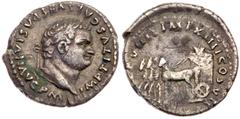 Titus. Silver Denarius (2.94 g), AD 79-81. Rome, AD 80. IMP TITVS CAES VESPASIAN AVG P M, laureate head of Titus right. Reverse: [TR P] VIIII IMP XIIII COS VII P P, slow quadriga left, drawing garland