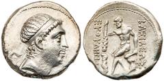 Baktrian Kingdom. Euthydemos I. Silver Tetradrachm (16.65 g), ca. 230-200 BC. Mint A (near Aï Khanoum), ca. 220/15-210/08 BC. Lauareate head with braided hair of Euthydemos I facing right. Reverse: BA