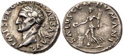 Galba. Silver Denarius (3.18 g), AD 68-69. Rome. IMP SER GALBA CAESAR AVG, laureate head of Galba left. Reverse: SALVS GEN HVMANI, Salus standing left, resting foot on globe, sacrificing from patera o