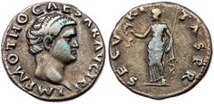 Otho. Silver Denarius (3.24 g), AD 69. Rome. IMP M OTHO CAESAR AVG TR P, bare head of Otho right. Reverse: SECV-RI-TAS P R, Securitas standing facing, head left, holding wreath and scepter. RIC 8; BMC