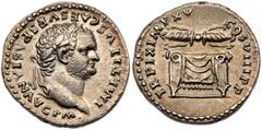 Titus. Silver Denarius (3.29 g), AD 79-81. Rome, AD 80. IMP TITVS CAES VESPASIAN AVG P M, laureate head of Titus right. Reverse: TR P IX IMP XV COS VIII P P, draped throne surmounted by horizontal win