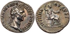 Nerva. Silver Denarius (3.70 g), AD 96-98. Rome, AD 96. IMP NERVA CAES AVG P M TR P COS II P P, laureate head of Nerva right. Reverse: IVSTITIA AVGVST, Justitia seated right, holding scepter and branc