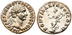Trajan. Silver Denarius (3.30 g), AD 98-117. Rome, AD 98. IMP CAES NERVA TRAIAN AVG GERM, laureate head of Trajan right. Reverse: PONT MAX TR POT COS II, Pax standing facing, head left, holding branch