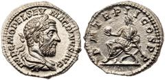 Macrinus. Silver Denarius (2.89 g), AD 217-218. Rome, AD 217/8. IMP C M OPEL SEV MACRINVS AVG, laureate and draped bust of Macrinus right. Reverse: P M TR P II COS P P, emperor seated left on curule c