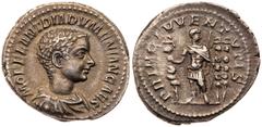 Diadumenian. Silver Denarius (3.20 g), as Caesar, AD 217-218. Rome, under Macrinus, early AD 218. M OPEL ANT DIADVMENIAN CAES, bare-headed and draped bust of Diadumenian right. Reverse: PRINC IVVENTVT