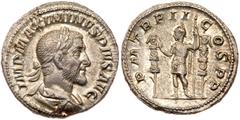 Maximinus I 'Thrax'. Silver Denarius (3.07 g), AD 235-238. Rome, AD 235. IMP MAXIMINVS PIVS AVG, laureate, draped and cuirassed bust of Maximinus I right. Reverse: P M TR II COS P P, emperor standing 