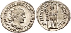 Hostilian. Silver Antoninianus (4.02 g), as Caesar, AD 251. Rome. C VALENS HOSTIL MES QVINTVS N C, radiate, draped and cuirassed bust of Hostilian right. Reverse: PRINCIPI IVVENTVTIS, prince standing 
