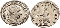 Volusian. Silver Antoninianus (3.38 g), AD 251-253. Rome. IMP CAE C VIB VOLVSIANO AVG, radiate, draped and cuirassed bust of Volusian right. Reverse: P M TR P III COS II, emperor standing facing, head
