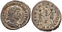 Numerian. Æ Antoninianus (4.16 g), AD 283-284. Antioch, AD 284. IMP C M AVR NVMERIANVS P F AVG, radiate, draped and cuirassed bust of Numerian right. Reverse: VIRTVS AV-GG, emperor standing right, hol