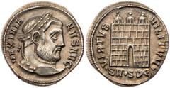 Galerius. Silver Argenteus (3.48 g), AD 305-311. Serdica, AD 305/6. MAXIMIA-NVS AVG, laureate head of Galerius right. Reverse: VIRTVS MILITVM, camp-gate surmounted by three turrets; .SM.SDE. RIC 11b; 