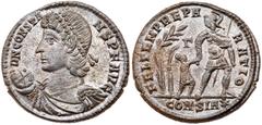 Constans. Æ centenionalis (4.32 g), AD 337-350. Constantinople, AD 348-351. D N CONSTA-NS P F AVG, diademed, draped and cuirassed bust of Constans left, holding globe. Reverse: FEL TEMP REPA-RATIO, so