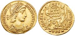 Constantius II. Gold Solidus (4.42 g), AD 337-361. Thessalonica, AD 355-361. D N CONSTANTIVS MAX AVGVSTVS, diademed, draped and cuirassed bust of Constantius II right. Reverse: GLORIA REI-PVBLICAE, Ro