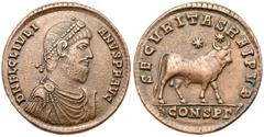 Julian II. Æ Maiorina (8.44 g), AD 360-363. Constantinople, AD 361-363. D N FL CL IVLI-ANVS P F AVG, diademed, draped and cuirassed bust of Julian II right. Reverse: SECVRITAS REIPVB, bull standing ri