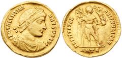 Valentinian I. Gold Solidus (4.37 g), AD 364-375. Antioch, AD 367. D N VALENTINI-ANVS P F AVG, diademed, draped and cuirassed bust of Valentinian I right. Reverse: RESTITVTOR REIPVBLICAE, emperor stan